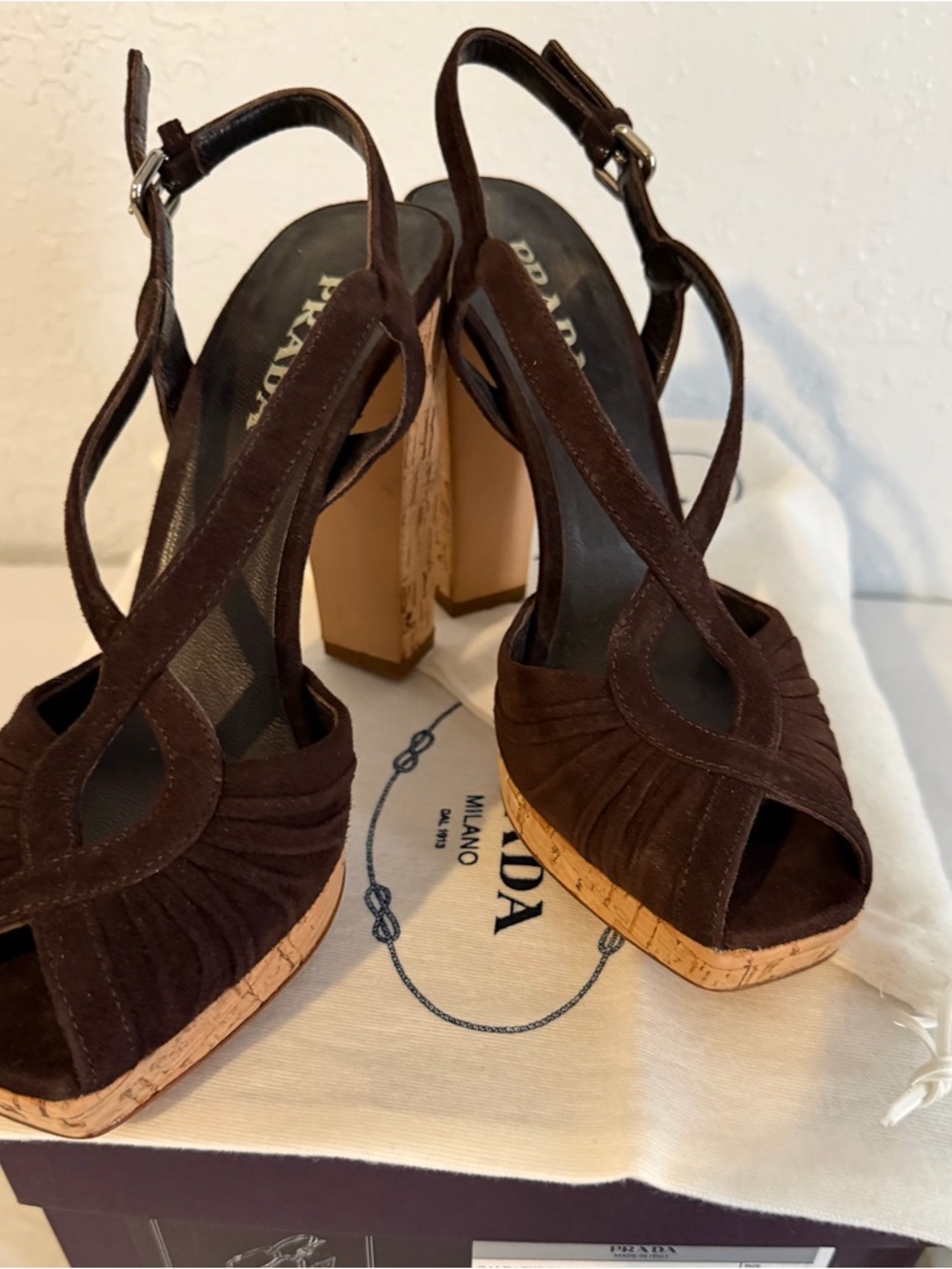 Prada Moro Brown Suede Cork Platform Slingback Sandals Never worn